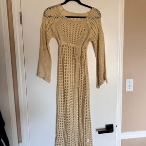 Nude Maxi cover Up long sleeve with tie waist